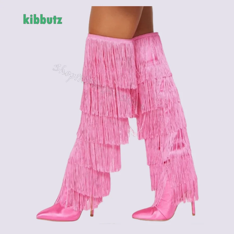 

Fashion Fringed Satin Over The Knee Boots Pointed Toe Stiletto Boots for Women Bar Party Heels Boots2024 New Zapatos Para Mujere