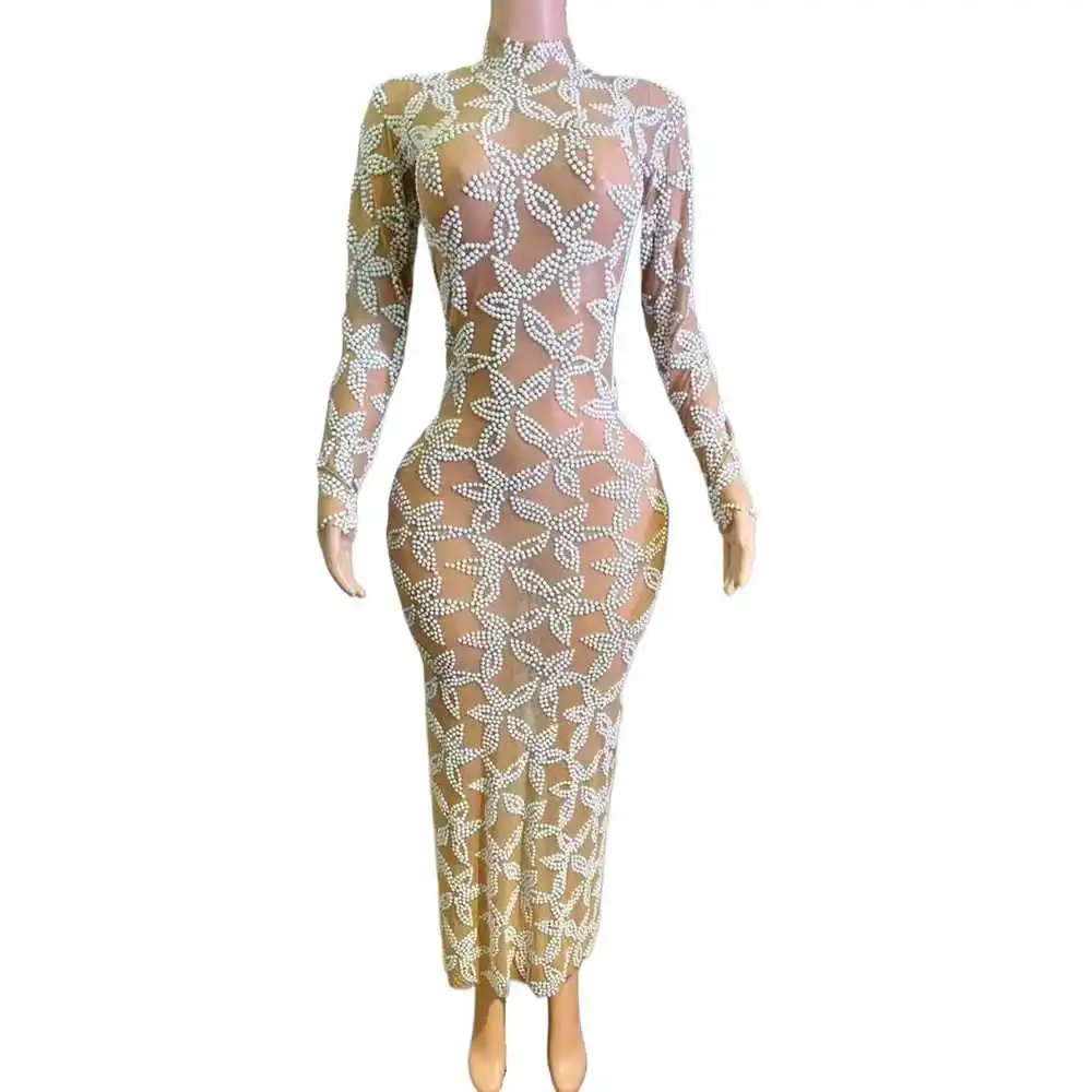 

Sparkly Rhinestones Birthday Celebrate Evening Prom Dress for Women Sexy Mesh Transparent Photo Shoot Wear Show Stage Wear