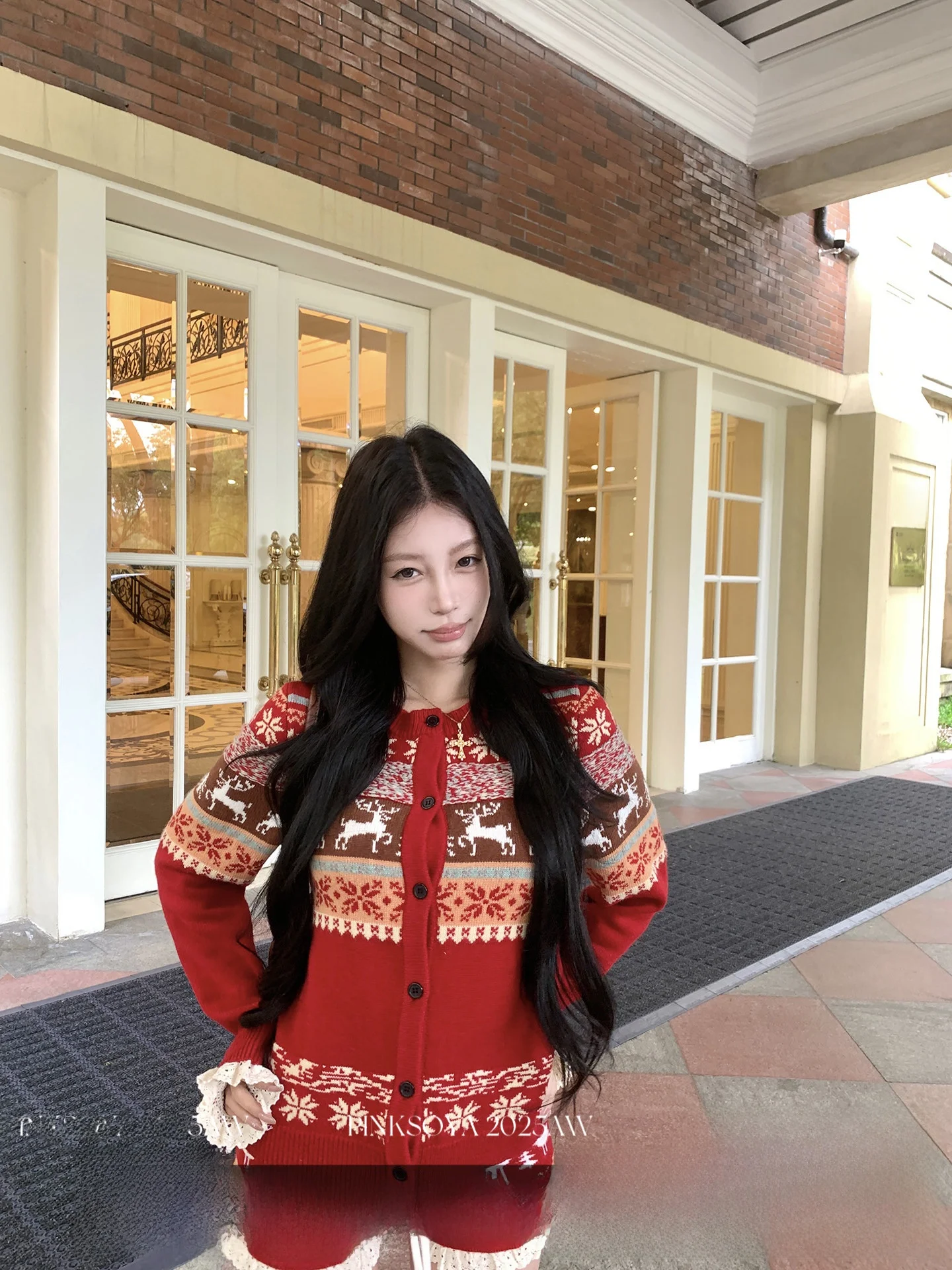 

Pinksoya Lace Splice Knitted Sweater Women's Slim Fit ort Set New Year Sweet Sle Long Sve round Ne Knitwear