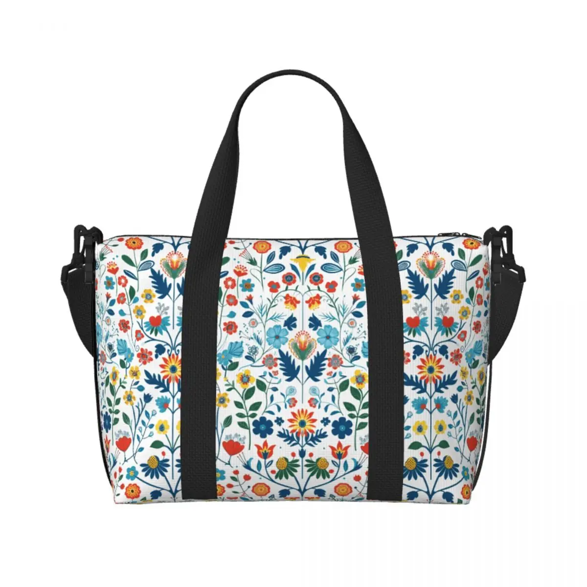 

Custom Vibrant Folk Spring Flowers Pattern Beach Tote Bag Women Extra Large Gym Carry On Travel Shopping Bags