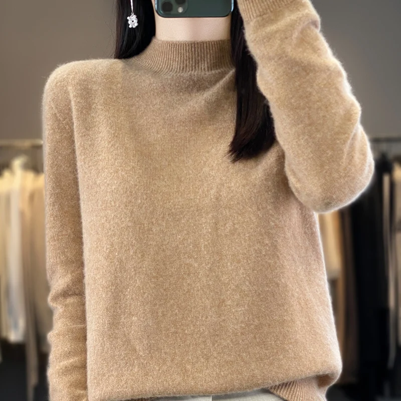 Spring Autumn Season Wool Sweater Women's 100% Wool Half High Collar Sweater Solid Color Fashion Loose Knitted Pullover shirt