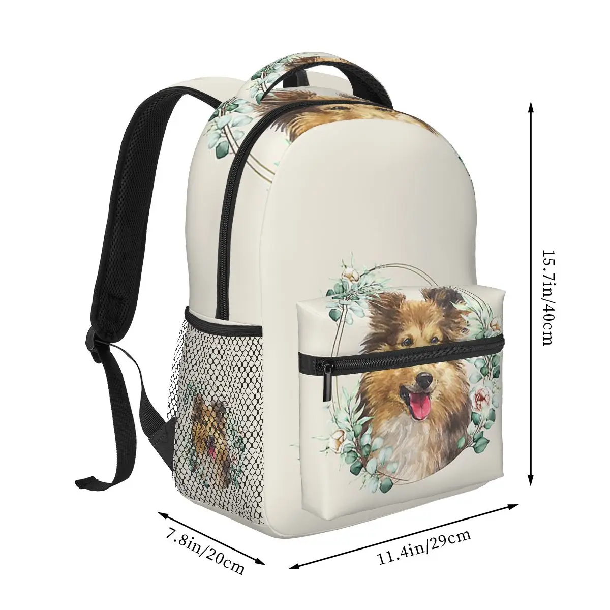 Shetland Sheepdog In A Floral Gold Wreath Frame Backpacks Boys Girls Bookbag Children School Bags Kids Rucksack Shoulder Bag