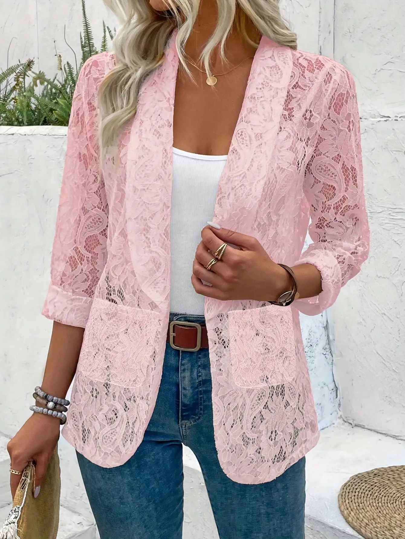 

Pink Lace Open Front Blazer for Women, Casual Lightweight Jacket with Floral Pattern and Pockets