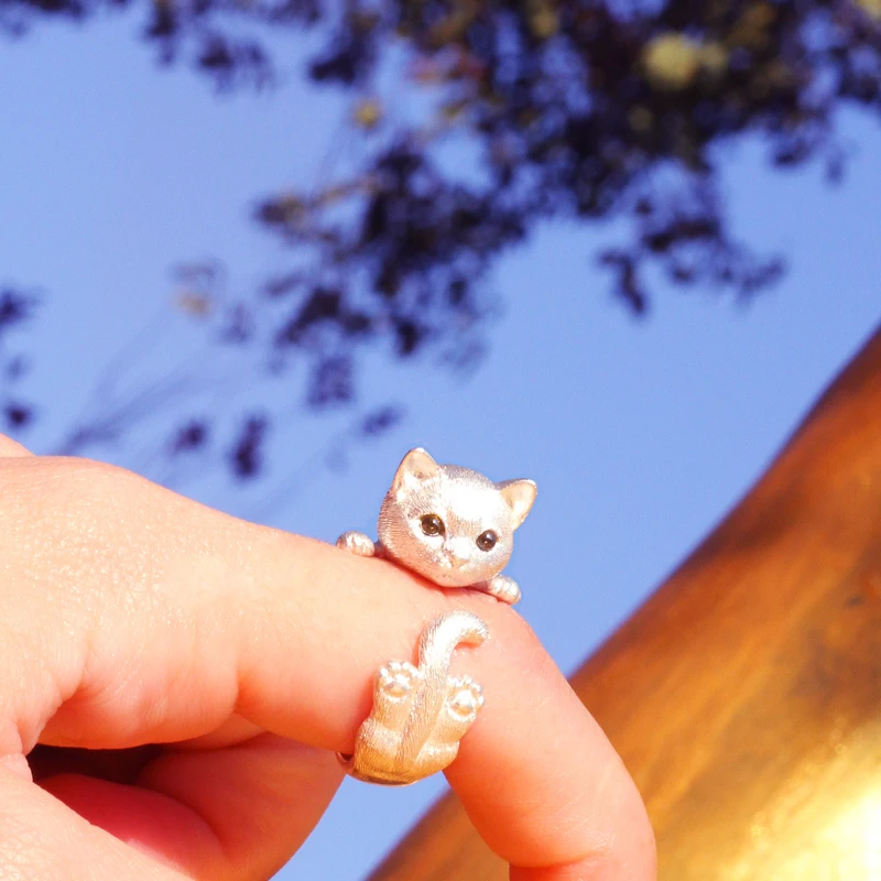 Cute Cat Ring Blue Eye Cat Silver Plated Gemstone Finger Ring Jewelry Gift Unique Fashion Rings Punk Opening Rings Adjustable