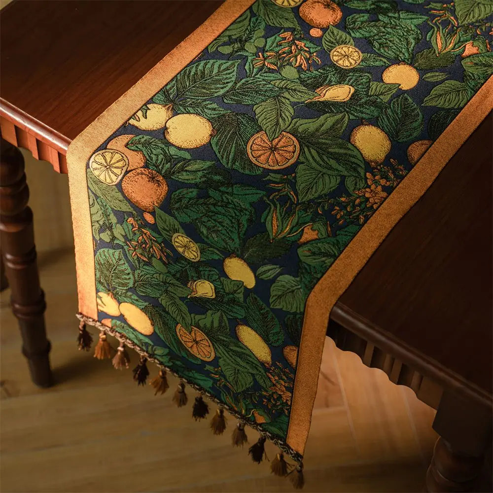 Exquisite Retro Lemon Pattern Woven Jacquard Table Runner Polyester Cover for TV Stand Bed End Luxury Home Vintage Textile Decor