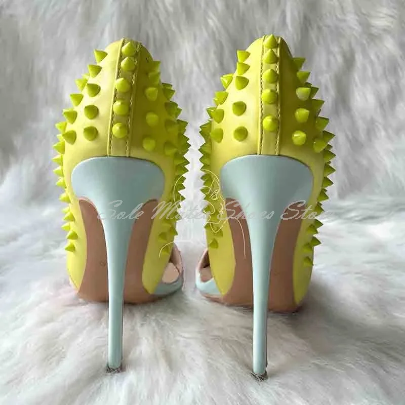 Escarpins en cuir à rivets jaune dégradé rose clair, chaussures habillées peu profondes à bout pointu, sandales Stiletto confortables pour femmes