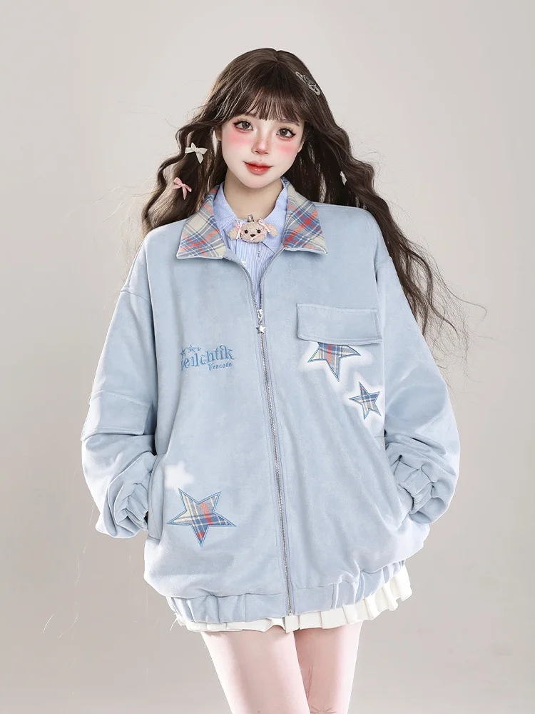 

Женская куртка Sweet Cool с вышитыми лацканами, осень 2024, новая замшевая свободная универсальная верхняя одежда для студентов колледжа Sle