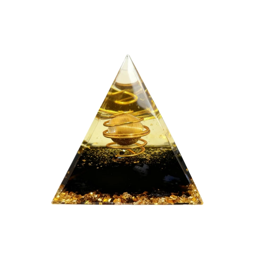 1 peça bola de cristal de olho de tigre pirâmide de ogan e chips de turmalina preta, ornamentos artesanais de mesa para casa, pirâmide de organita de cristal