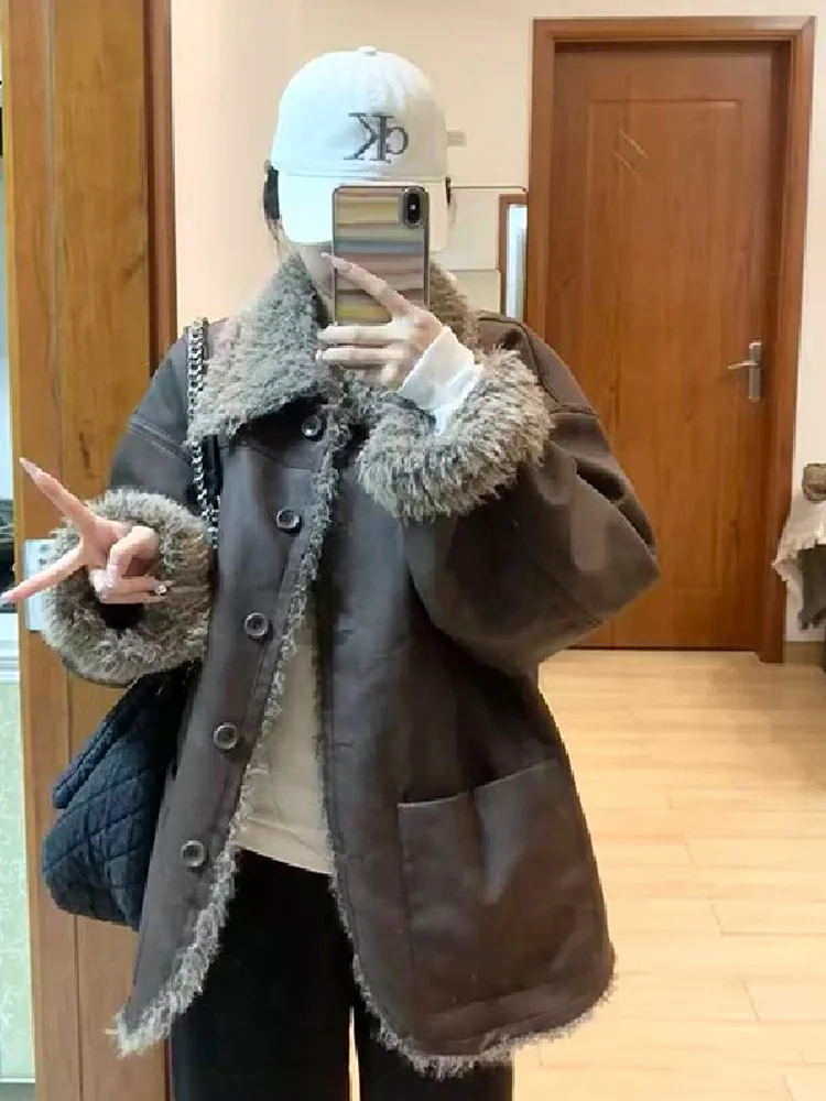 

Женская двусторонняя куртка в стиле ретро с воротником из искусственного меха, утягивающая верхняя одежда, длинная застежка на пуговицы средней длины