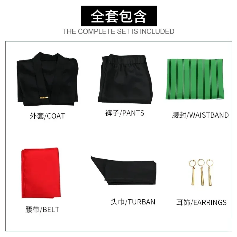 The whole series Anime Roronoa Zoro Cosplay Costume Uniform Green Coat Belt Pants Head Scarf Roronoa Zoro Wig Earrings Halloween