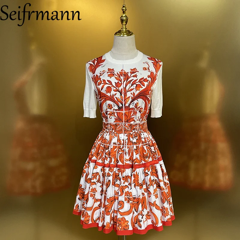 

Seifrmann 2026 summer fashion women's two-piece casual printed round neck short sleeved silk top+half skirt set