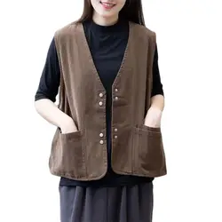 Fashion Cotton Retro Women's Vest Waistcoat V Neck Loose Sleeveless Vest Coat 2023 New Spring Autumn Jacket Tops Female