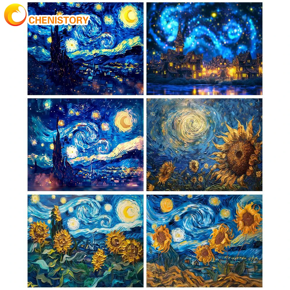 

CHENISTORY Focus Picture By Number Complete Kit Van Gogh Abstract Starry Sky Oil Painting On Canvas DIY Craft Kit For Home Decor