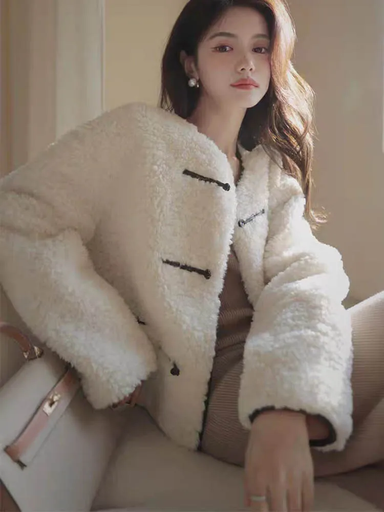Casacos soltos grossos de pele sintética moda coreana o pescoço único breasted jaquetas femininas elegantes manga longa lã de cordeiro chaquetas novo