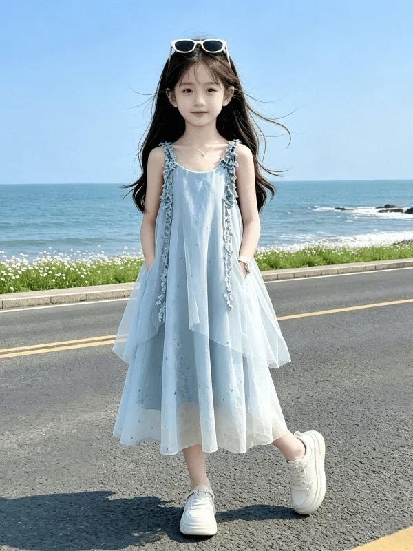 Vestido de Verão Estilo Princesa para Meninas, Azul com Renda, Gola Halter, Vestido de Festa Infantil, Moda de Férias, Materi...