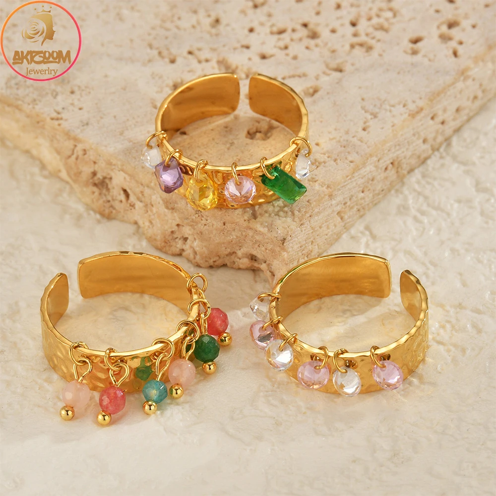 Akizoom Vintage Colorful Stone Open Rings For Woman Gold-plated Stainless Steel Fashion Ring Engagement Wedding Jewelry Gifts