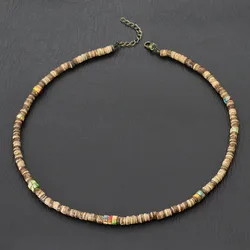 Noter Men Natural Coconut Beads Wooden Necklace 19 Inches Short Choker Collar Handmade Collier Gifts For Him Casual Jewelry