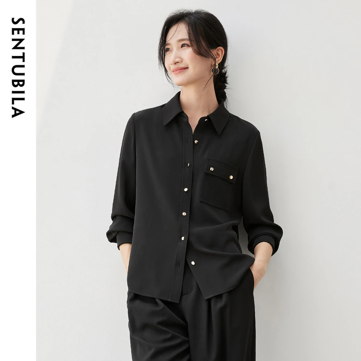 SENTUBILA Casual Straight Shirt Women 2024 Autumn Turn Down Collar Metal Single-breasted Solid Long Sleeve Simple Top 143C56825