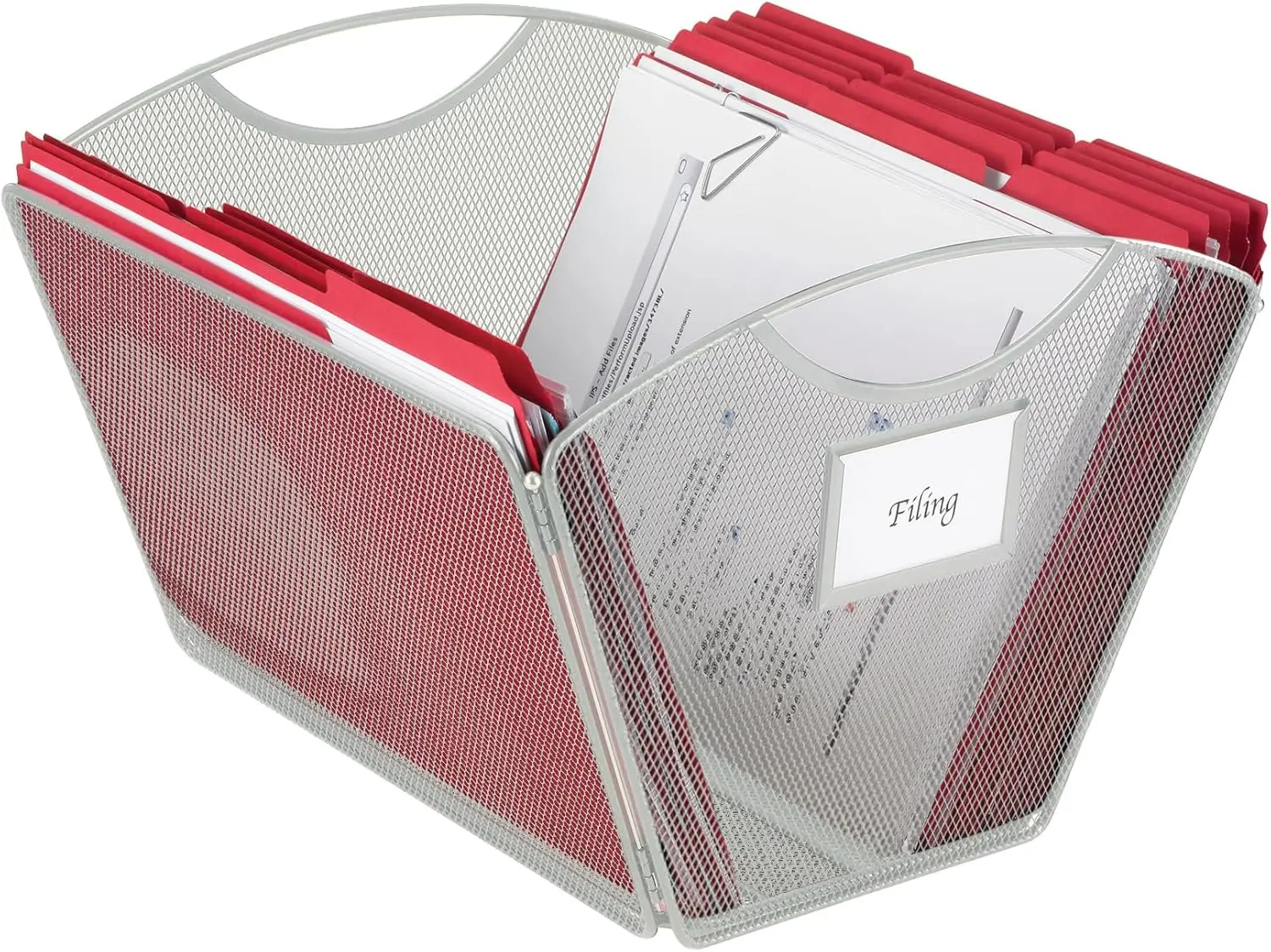 

Onyx Mesh Letter-Size Desktop Tub Filer, Steel Mesh Construction, Collapsible For Compact Storage, Integrated Handles, Sil