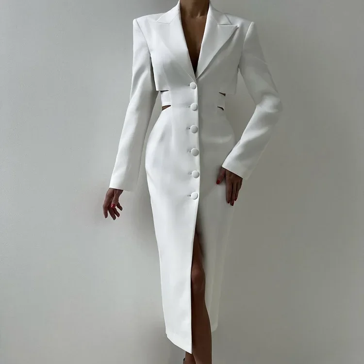 

New High Street Hollow Out Tunic Dresses for Women Notched Collar Long Sleeve High Waist Spliced Button Temperament Dress Female