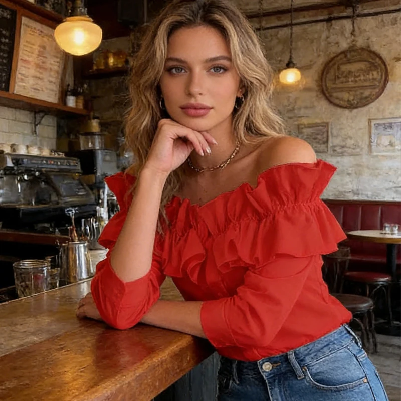 Neue Off Schulter Rüschen Langarm-shirt Frühling frauen Casual Unregelmäßige Bluse Einfarbig Slim Fit Mode Büro Dame Top