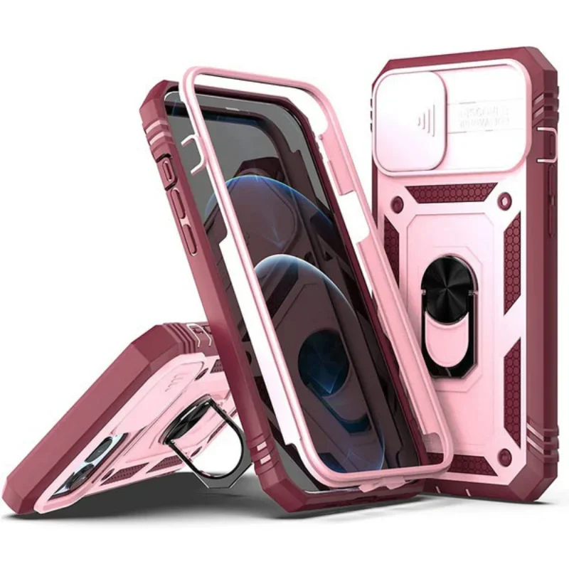 Case For iPhone 15 14 Pro Max Plus 13 12 11 Pro Max XR 360 Full Body Rugged Protective Slide Camera Stand Protection Ring Cover