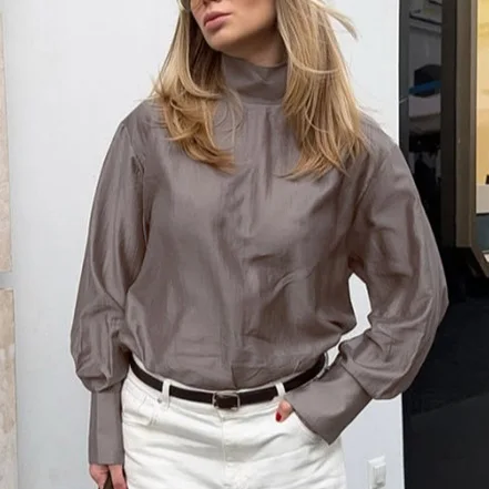 

Comfortable Autumn Women's Blouse Stand Collar Spliced Long Sleeve Pullover Female's Shirt Minimalist Versatile Shirt For Lady