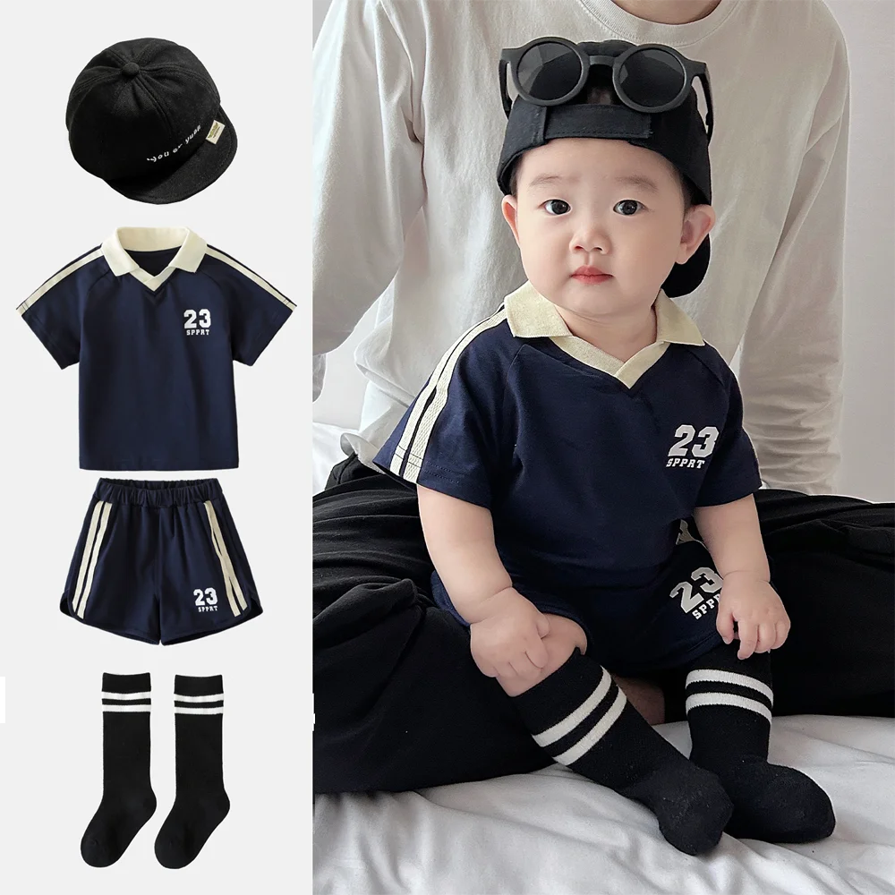 Toddler Boys\' Sports Suit 4-piece Summer Clothes Set Boy Thin Baby girls Letter 23 Football basketball Infant T-shirt Shorts