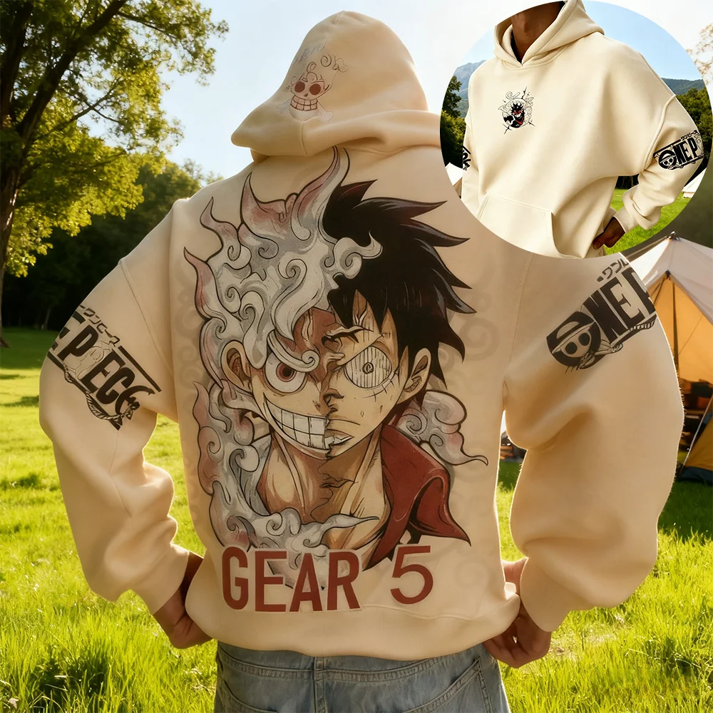 One Piece Anime Luffy Gear Fifth Transformation Cotton Hoodie Pink Character Print Casual Streetwear Long Sleeve Pullover Unisex
