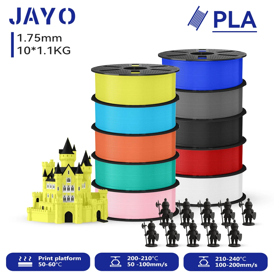 JAYO 10 Rollen 3D PLA Druckerfilament 1,75mm, ungiftig & blasenfrei, PLA-Kunststoff als 3D-Druckfilament für 99% der 3D-FDM-Drucker & -Stifte, 1,1KG/Rolle