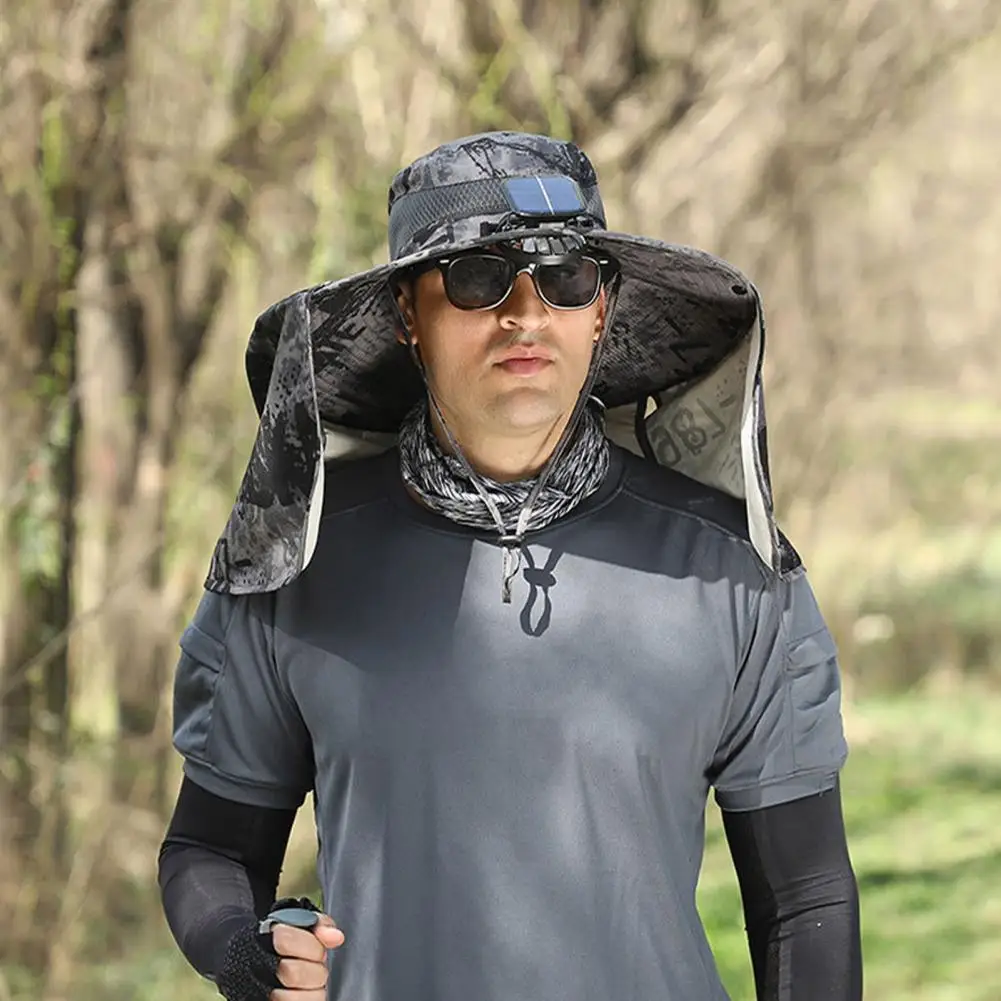 قبعة مروحة تعمل بالطاقة الشمسية مع رفرف للرقبة USB قابلة لإعادة الشحن بالأشعة فوق البنفسجية مروحة تبريد مزدوجة قبعة صيد قابلة للطي للرجال والنساء صياد المشي لمسافات طويلة