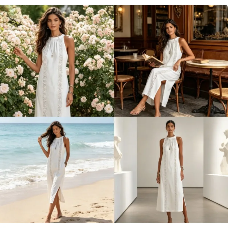 2026 Summer Halter Solid Lace Panel Sleeveless  Vacation Casual Maxi Breathable & Flowy  Perfect for Beach Resort Photoshoot