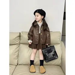 Girls Autumn Outfit Set 2024 New Fashionable Childrens Coat Baby Girls Stylish Shirt Short Skirt Three Pieces Set