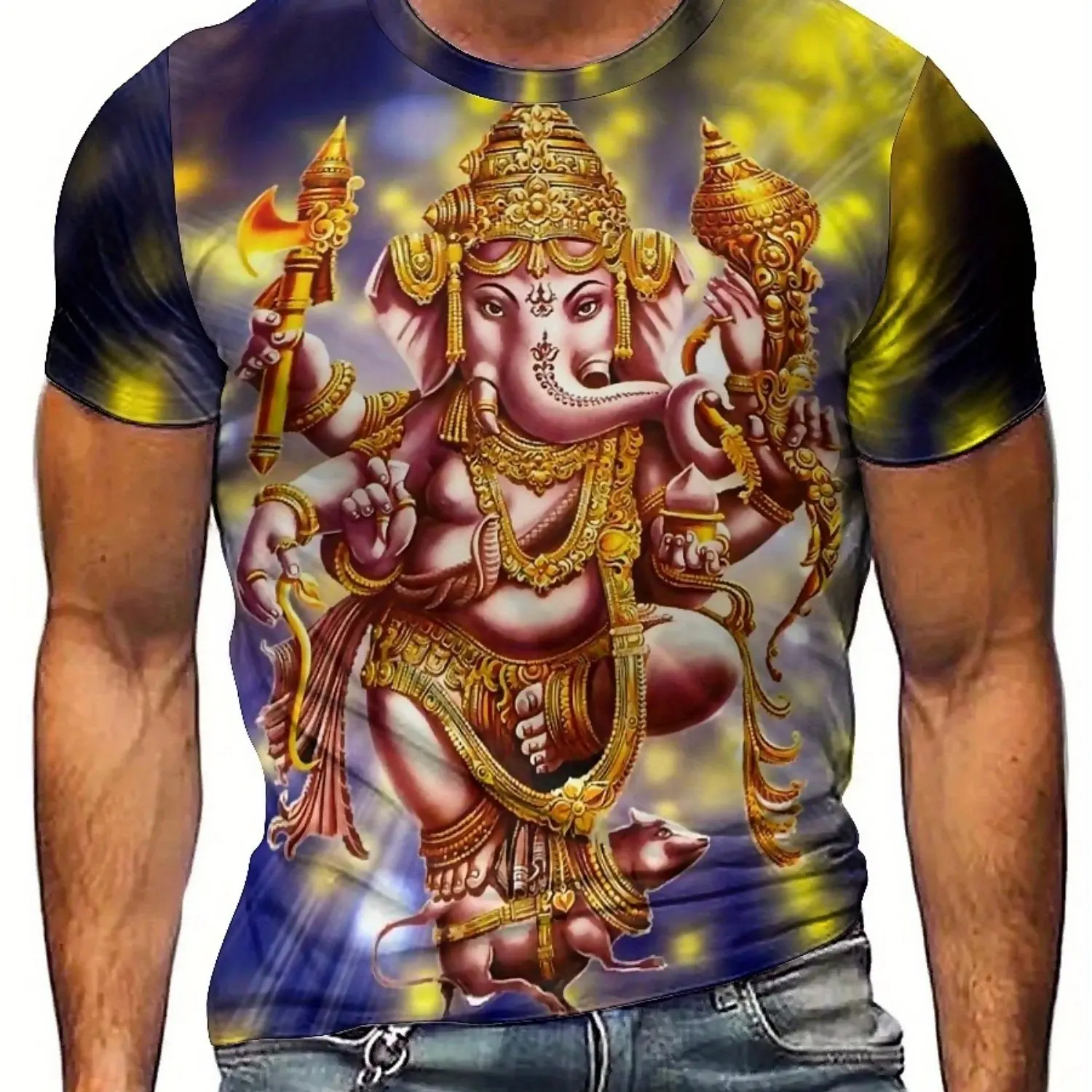 Camiseta masculina e feminina de manga curta com estampa 3D – tecido de poliéster macio, padrão geométrico vibrante, conforto para todas as estações