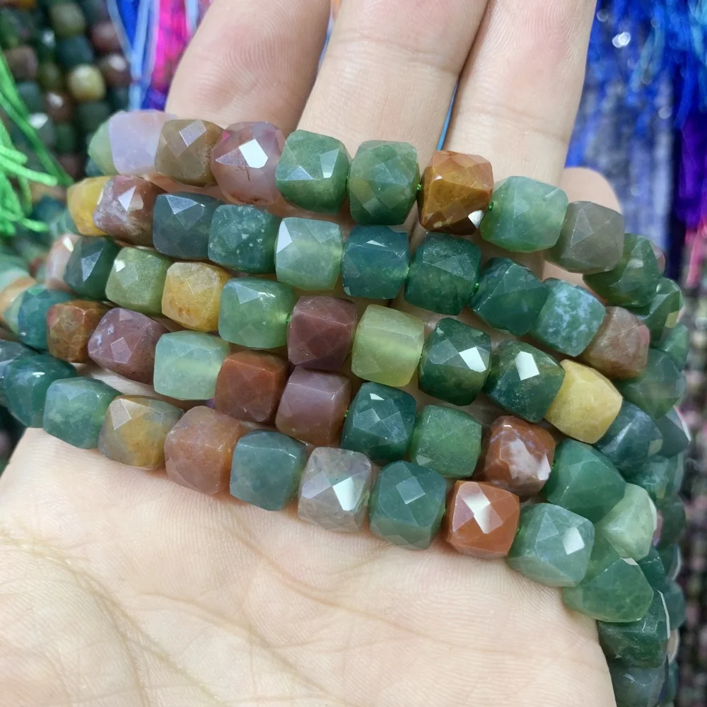 8x8mm Natural Faceted Stone  Indian agate landscape jaspe New Jade Spacer Beads For Jewelry Making DIY Bracelet Necklace