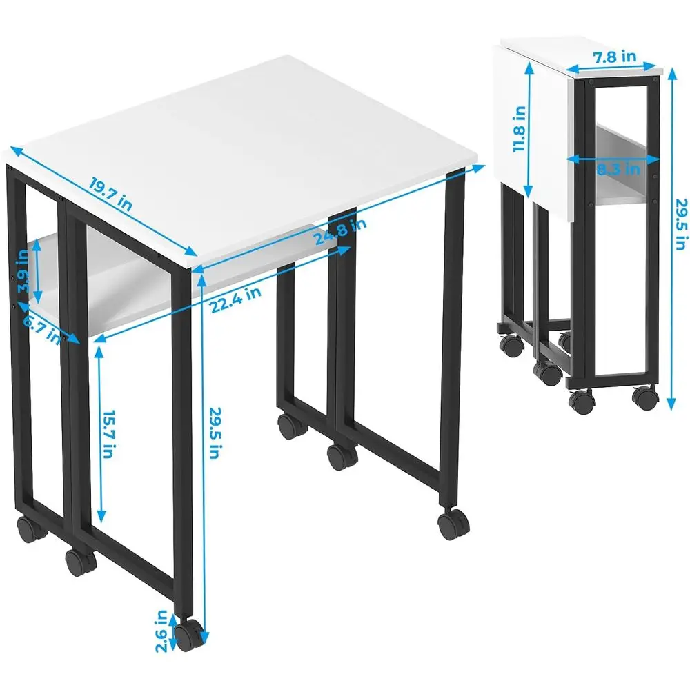 Compact Rolling Desk with Storage, 24.8 White Foldable Computer Desk for Small Spaces, Easy Assembly