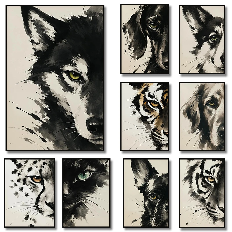 Watercolor Dog Tiger Wolf Black Cat Leopard Face Poster Print Moody Animal Wall Art Canvas Painting Print Living Room Home Decor