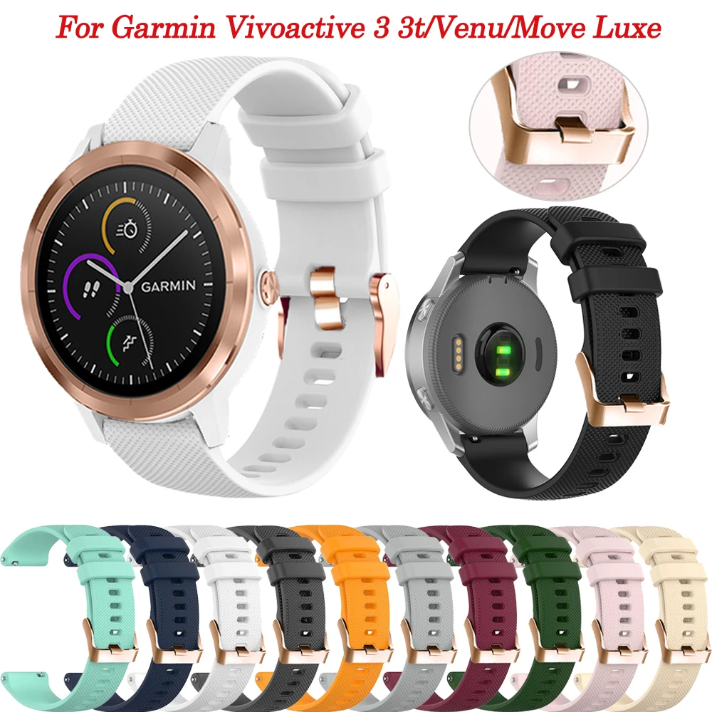 หัวเข็มขัดสีทองซิลิโคน Strap Smartwatch สำหรับ Garmin Venu 2 Plus/Venu Vivoactive 3 3T นาฬิกาข้อมือ20มม.Forerunner 645 245 55สร้อยข้อมือ