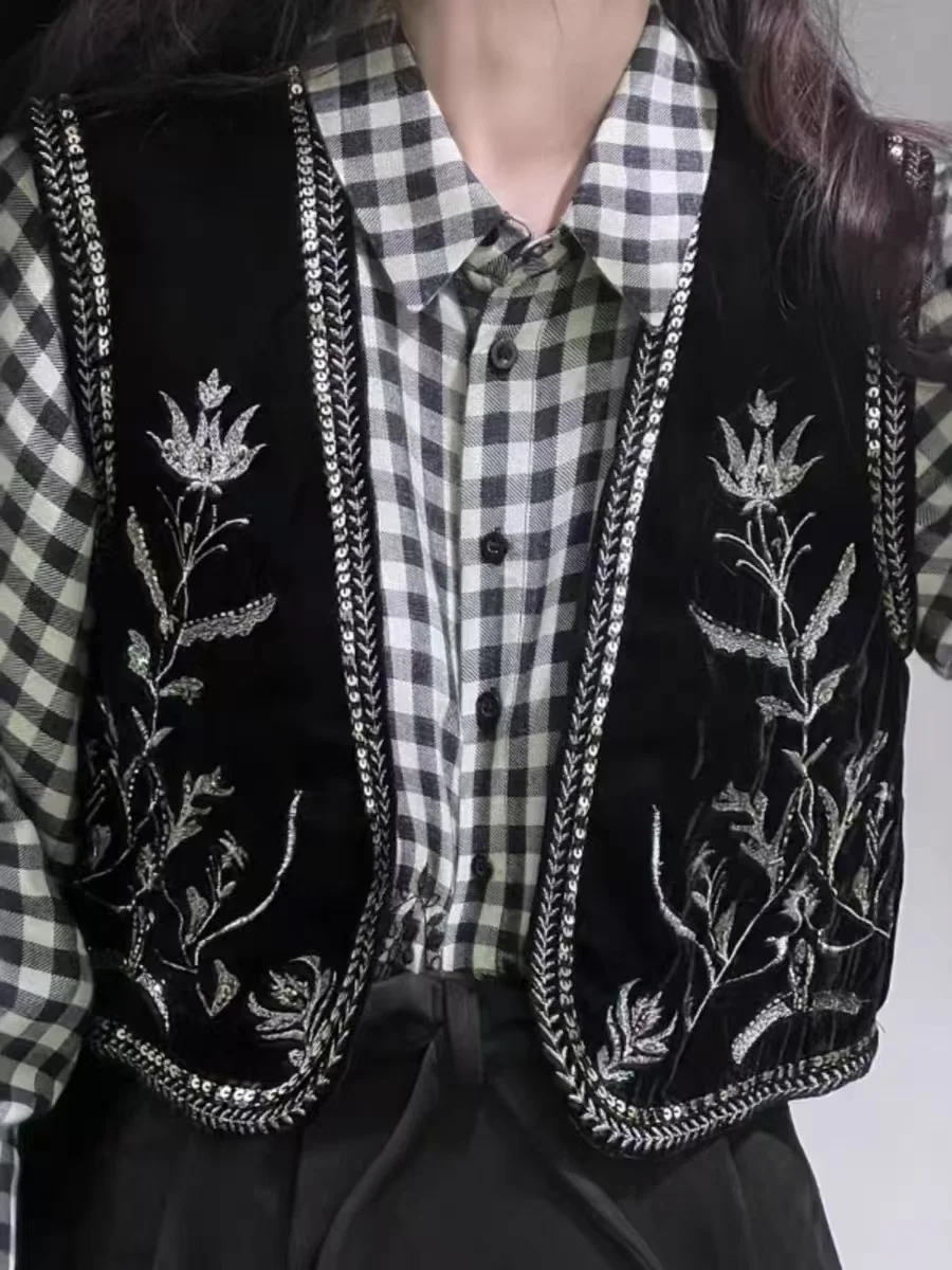 

Retro Velvet Cotton Embroidered Svel Open Front Vest Women's Faion Spring Autumn New Arrival ort Length Color