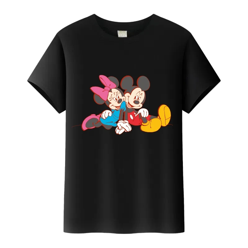 Koszulka sportowa dziecięca Koszulki rodzinne Męska bluzka Disney Kreskówka Myszka Miki Minnie Nadruk Ubrania Letni top Okrągły dekolt Czarna koszulka damska