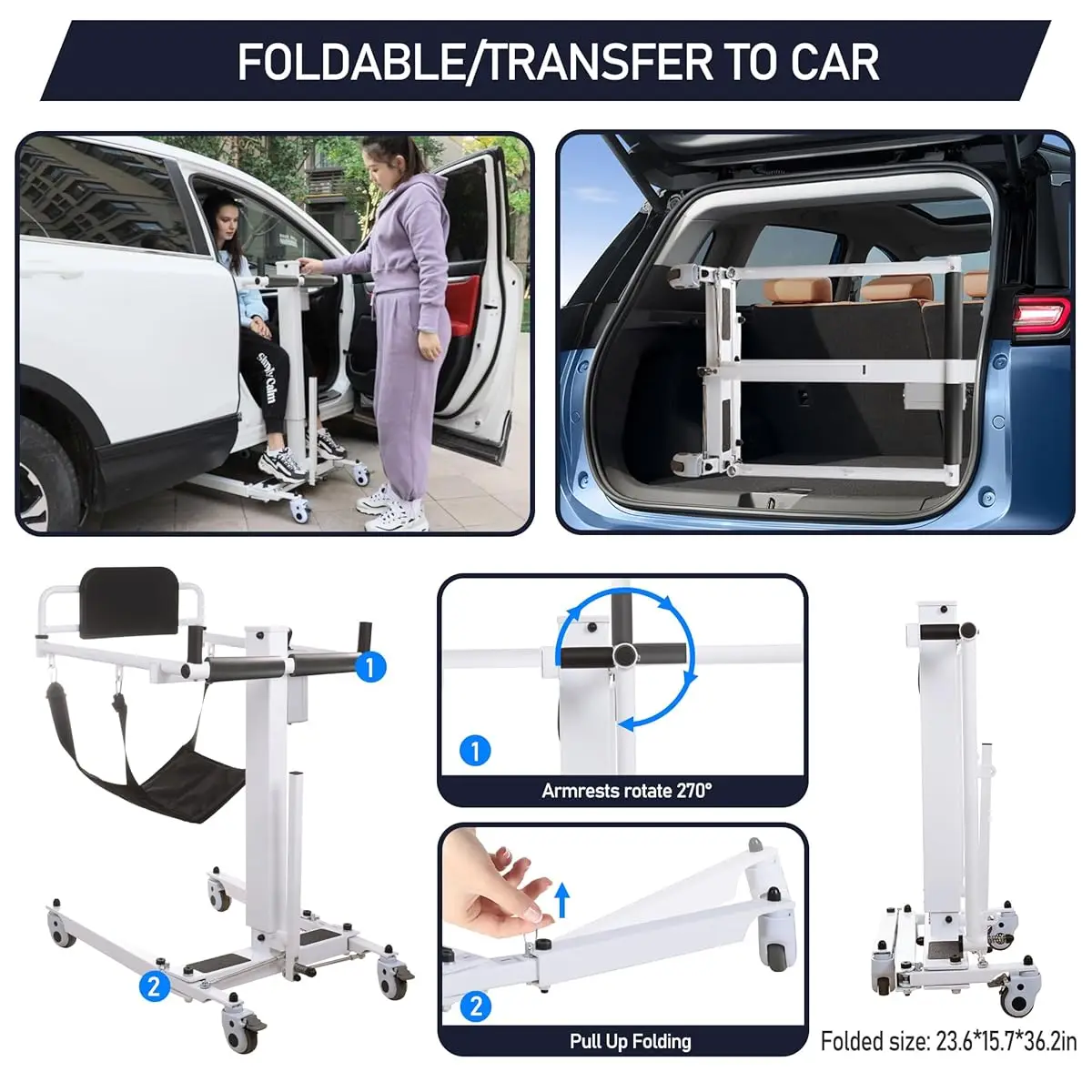 Cadeira de rodas de transferência de elevador de paciente de mobilidade elétrica dobrável para idosos deficientes cadeira de guindaste de cama de carro