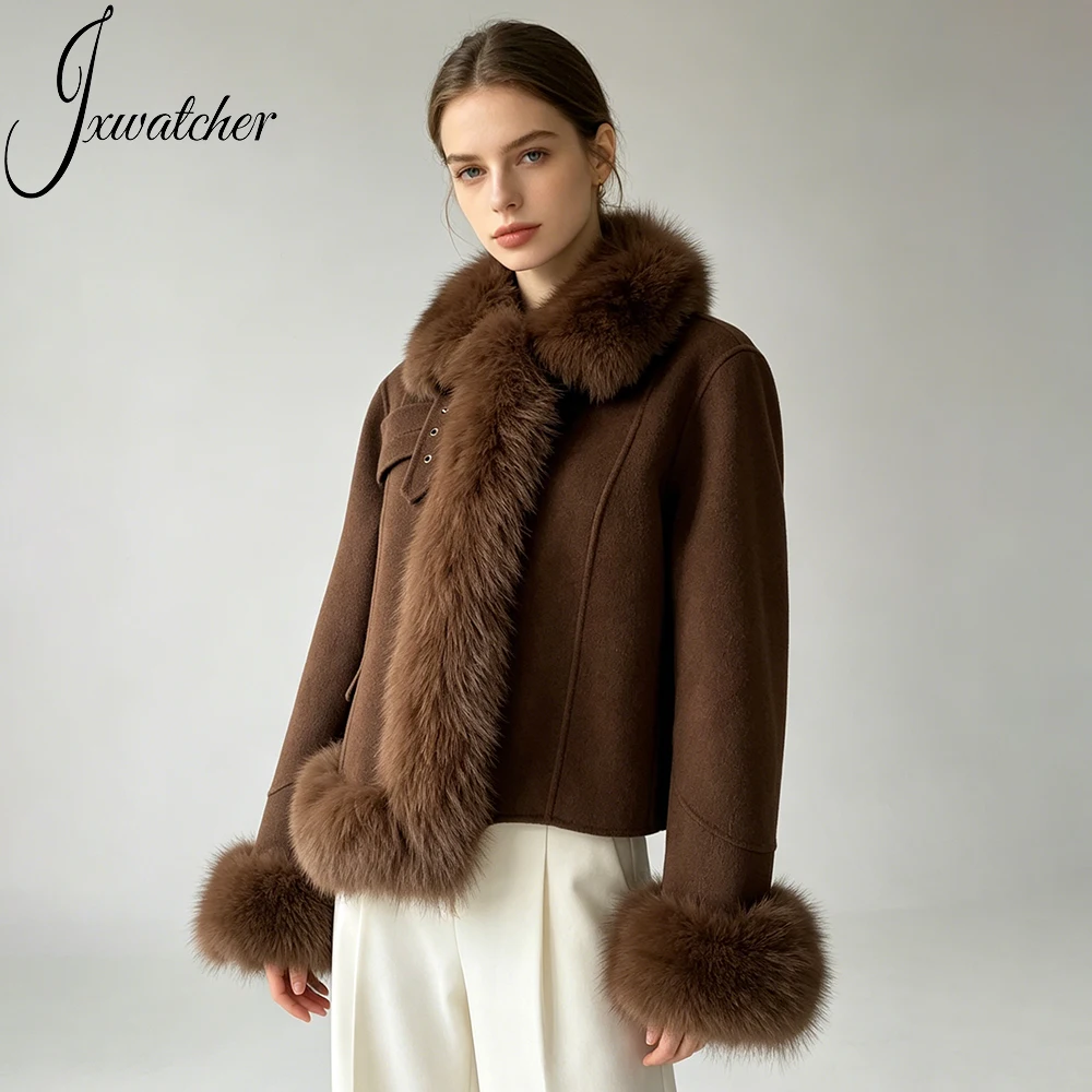 Jxwatcher Women's Wool Jacket with Real Fox Fur Ladies Fall Fashion Stand Collar Woolen Coats Winter Coat Female New Arrival