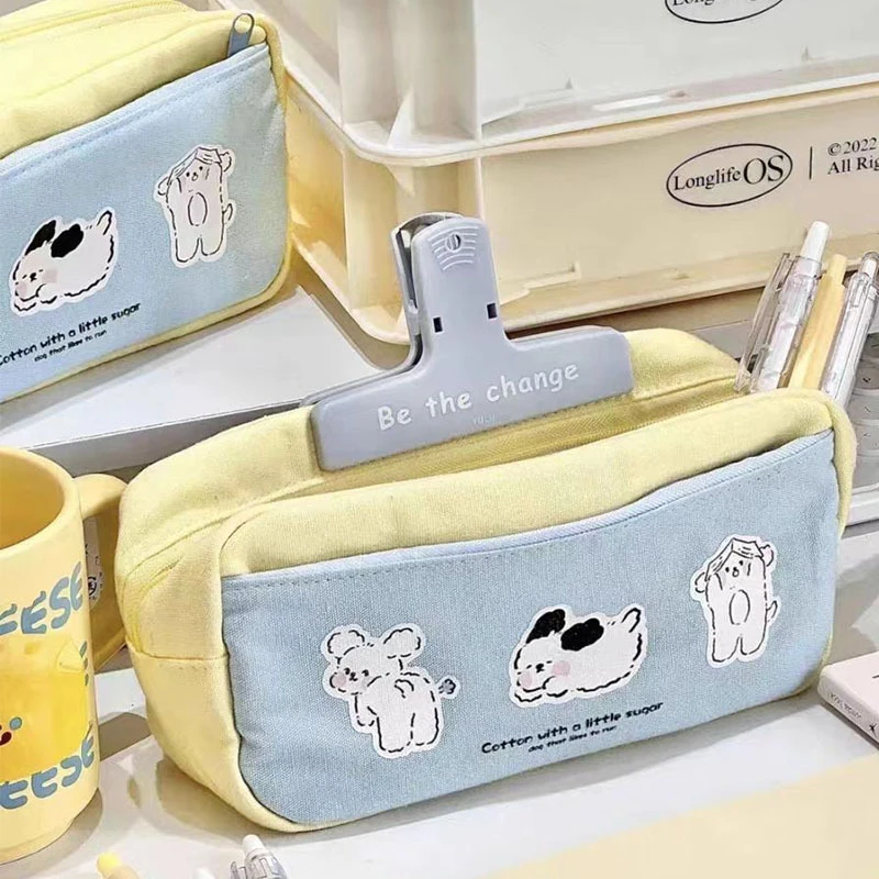 Ins Cute Cream Yellow Blue Cartoon Three Puppy Pencil Case Large Capacity Stationery Storage Bag Back To School Supplies