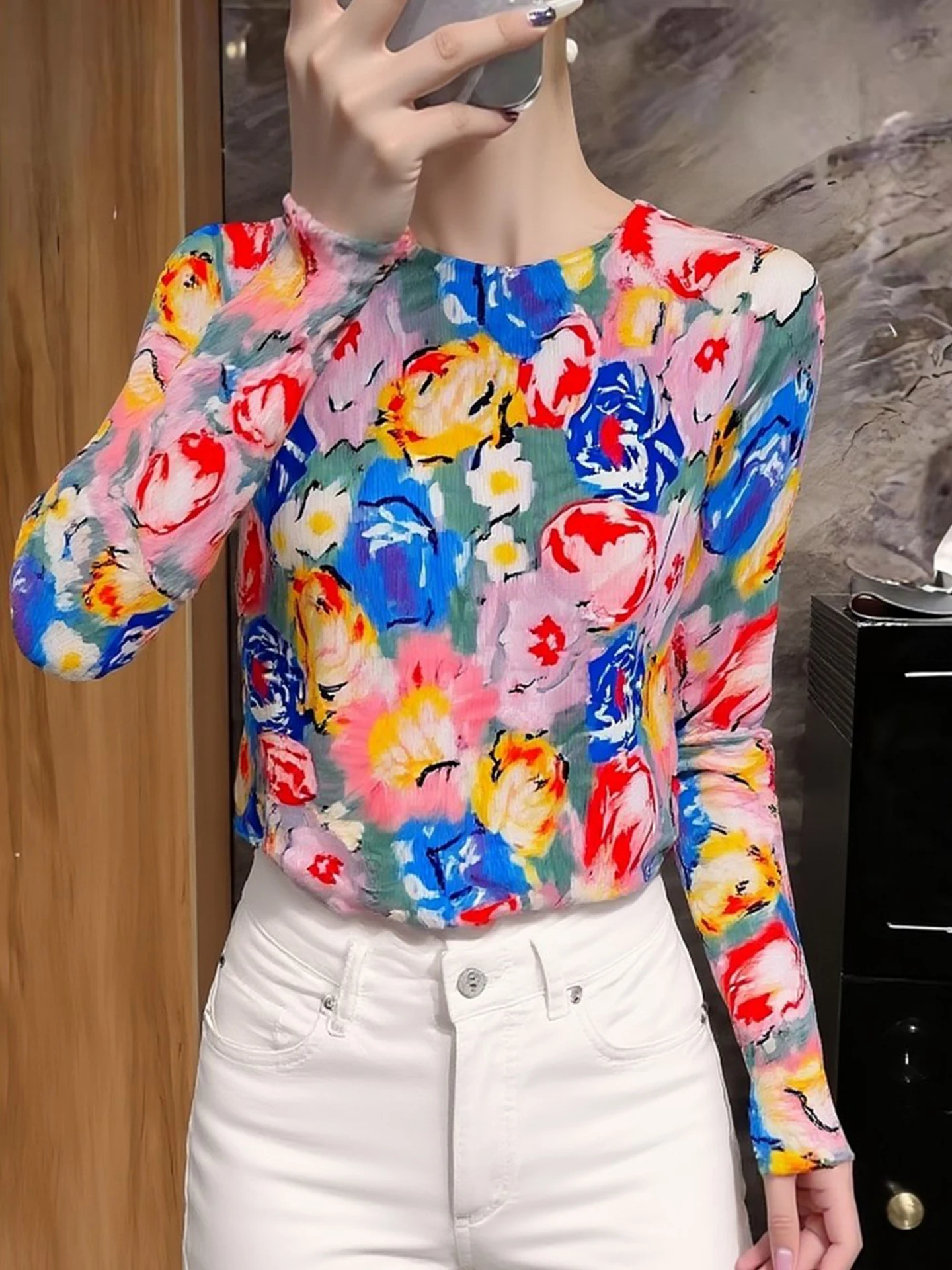 

Женская шелковая футболка с длинным рукавом, облегающая, с круглым вырезом, в корейском стиле, повседневная, весенняя, с эффектом окрашивания (Dye-Blow), цветная