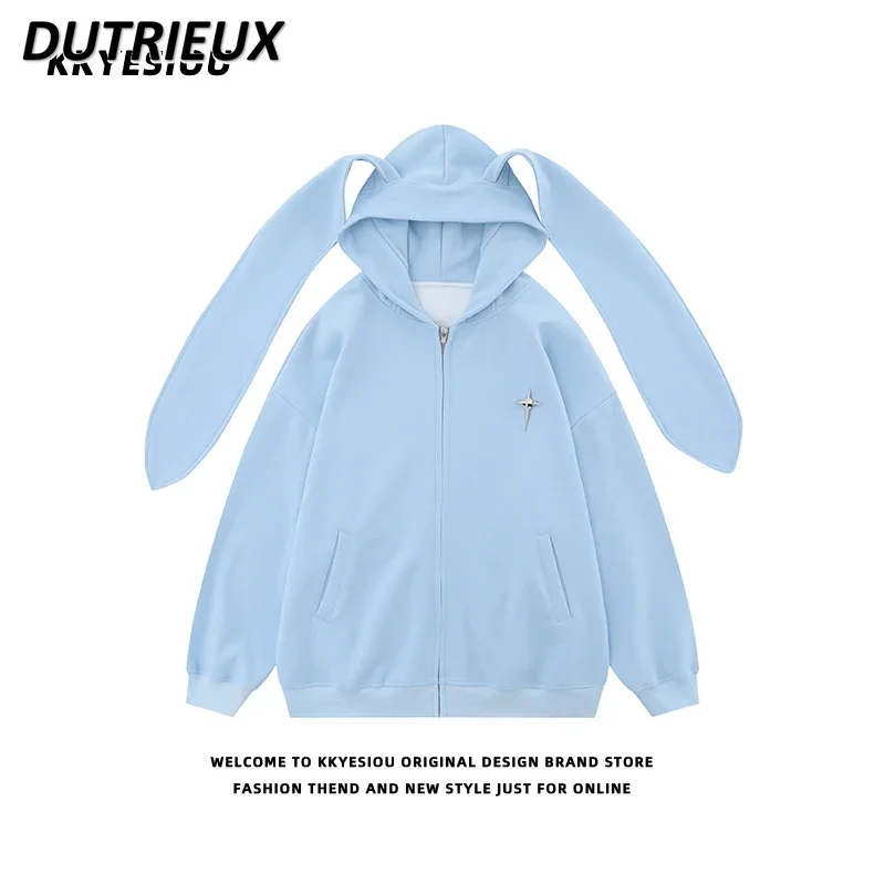 Japanese Style Design Rabbit Ears Hoodie Coat Women Autumn and Winter New Men and Women College Style BF Zipper Sweatshirt Coat