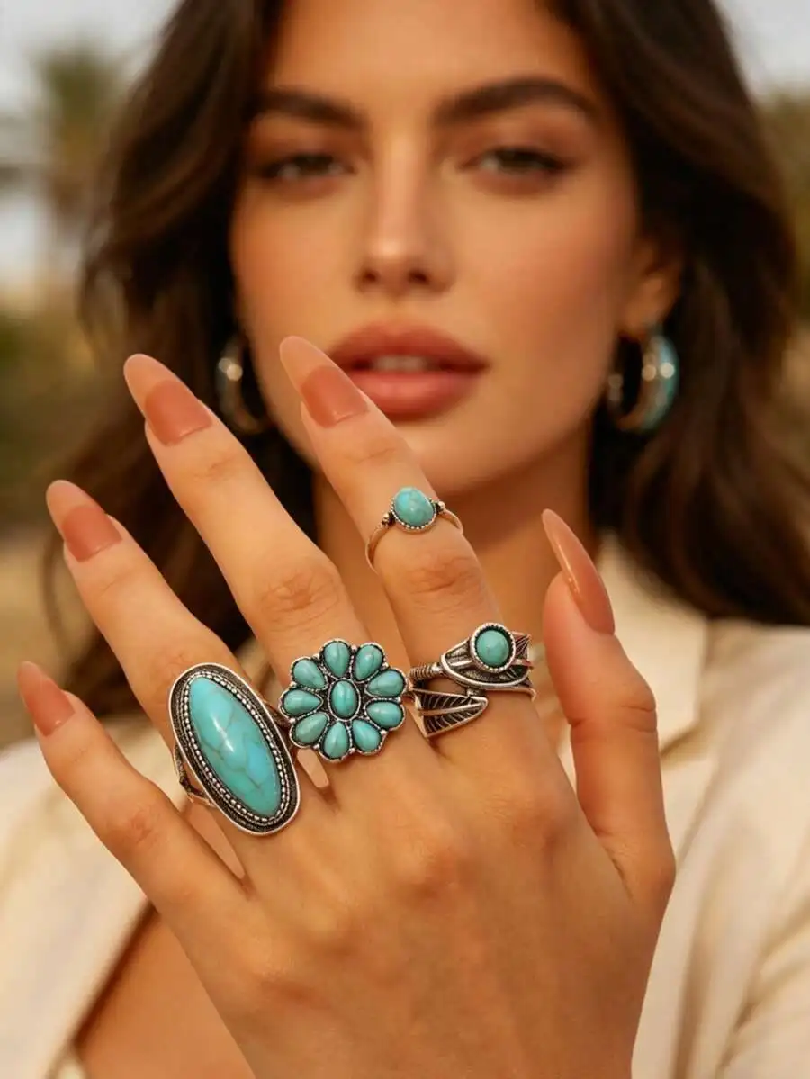

4pcs Vintage Bohemian Turquoise Rings Set For Women Unisex Daily Party Wear