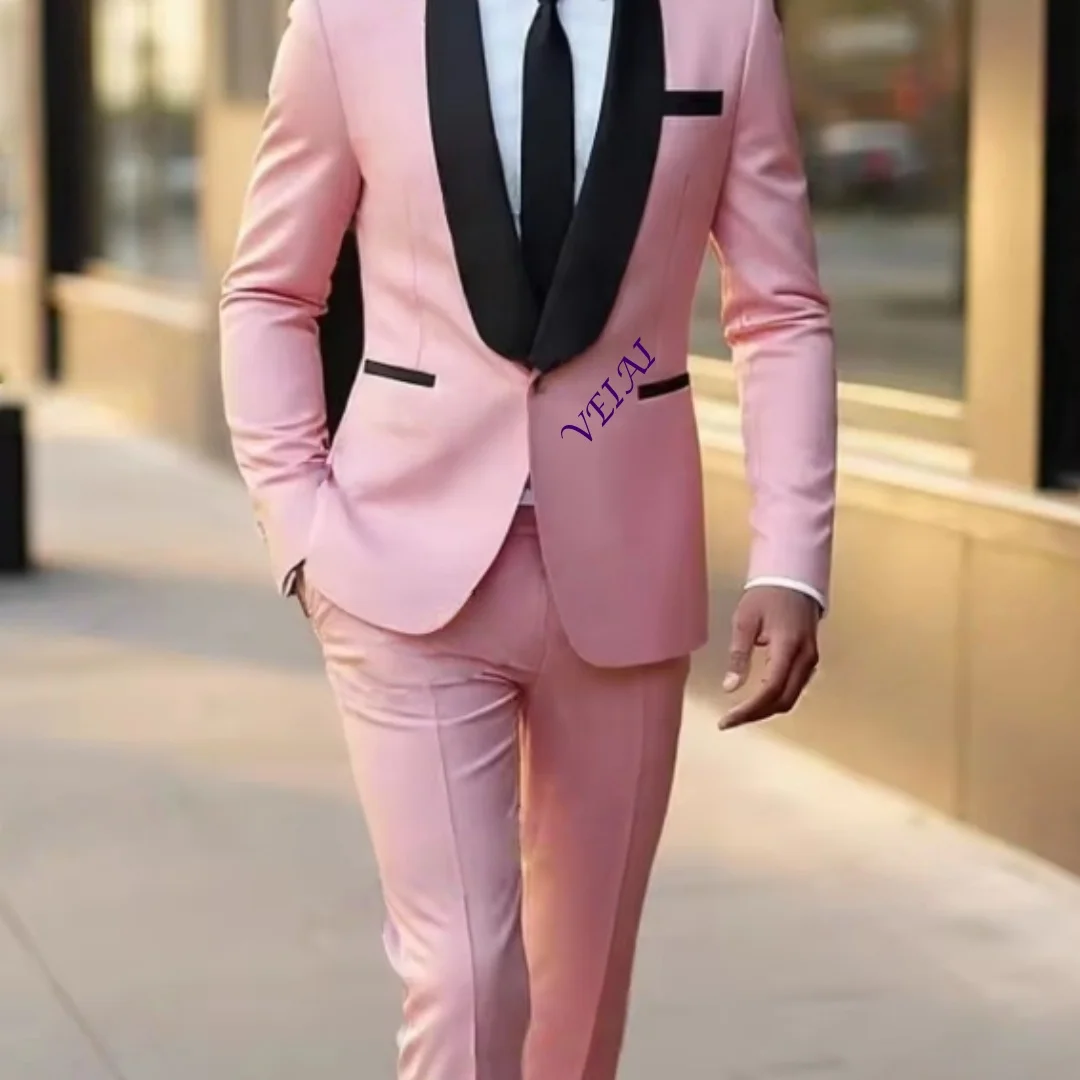 CustomizedNew Black Collar Pink Men Formal Tuxedos Groom Groomsman Wedding Party Prom Male Business Suit 2 Piece Set Blazer Pant