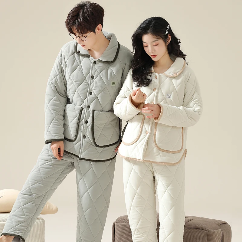 

Coral velvet quilted pyjamas couples 3 layer thickening warm winter quilted jacket men's pajamas solid pijamas de hombre inverno