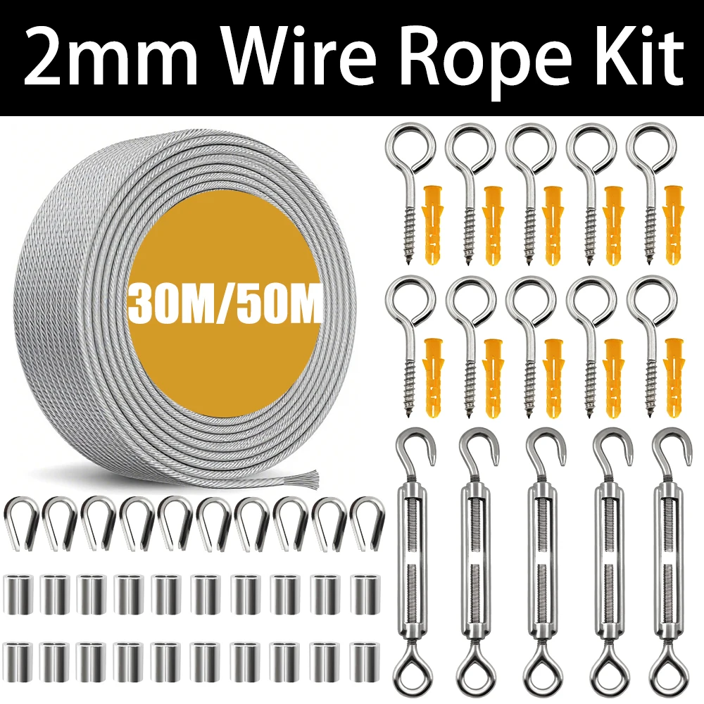 2mm Stainless Steel Wire Rope Kit 30/50M Coated PVC Can be DIY Used for Clothesline/Garden/Railway/Camping/Sunshade/Fence