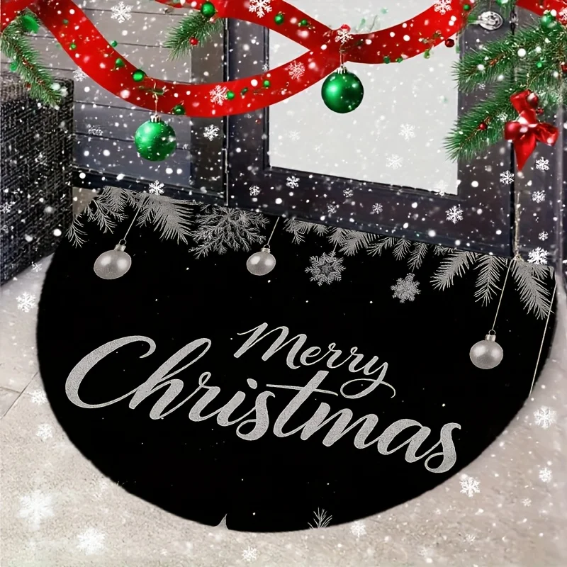 Black Silver Pine Branch Bauble Minimalist Merry Christmas Doormat Seasonal Gifts for Backyard Garden Outdoor Porch rug